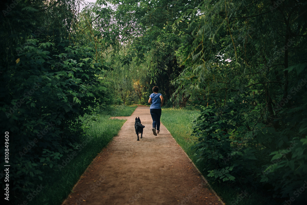 woman and her dog jogging in the park, rear view