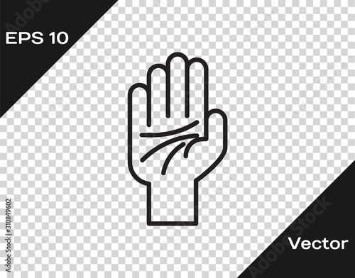 Black line Palmistry of the hand icon isolated on transparent background.  Vector Illustration