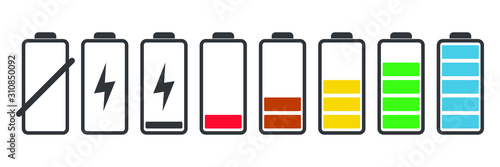 Battery charge indicator icons set. Charging level full power low to high up and electric plug. Gadget energy status vector illustration