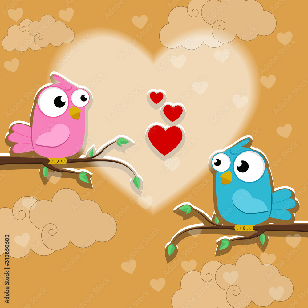 Obraz premium Creative of love valentines day concept. Love birds couple background. Vector illustration invitation card Valentine's day paper cut style. Valentines wallpaper. Banner. Post