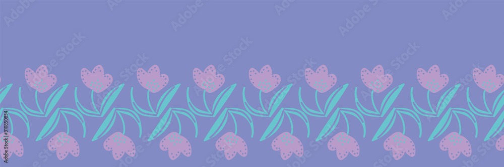 A seamless vector border print with purple crocus flowers. Great embellishment for cards, posters and fabrics. Can be repeated to create striped seamless floral pattern.