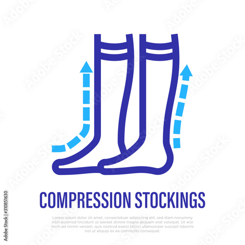 Compression stockings thin line icon. Orthopedic equipment for blood vessel disease. Vector illustration.
