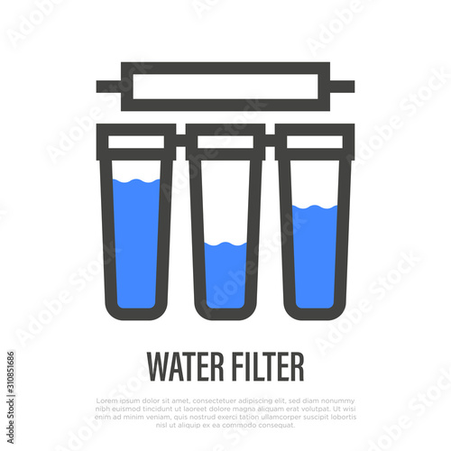 Water filter with cartridges thin line icon. System of water purification. Vector illustration.