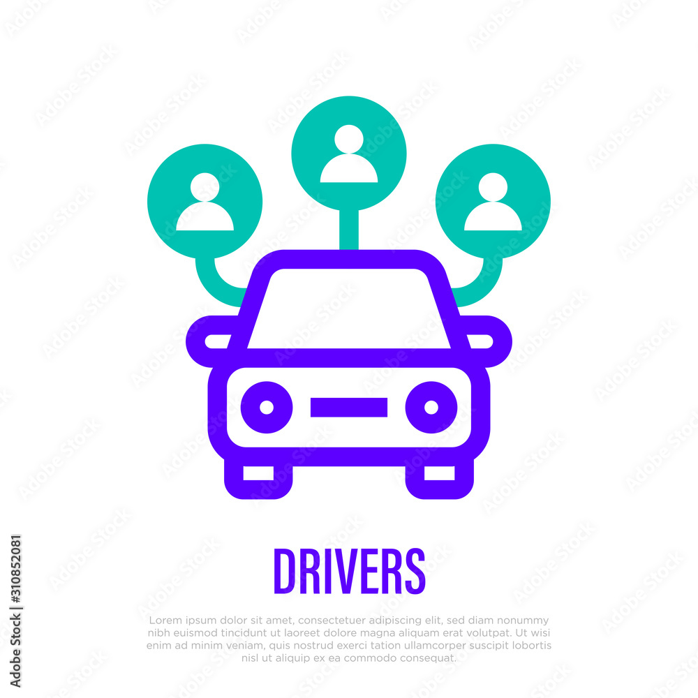 Car sharing thin line icon. Drivers around the car. Vector illustration. Car sharing thin line icon. Drivers around the car. Vector illustration.