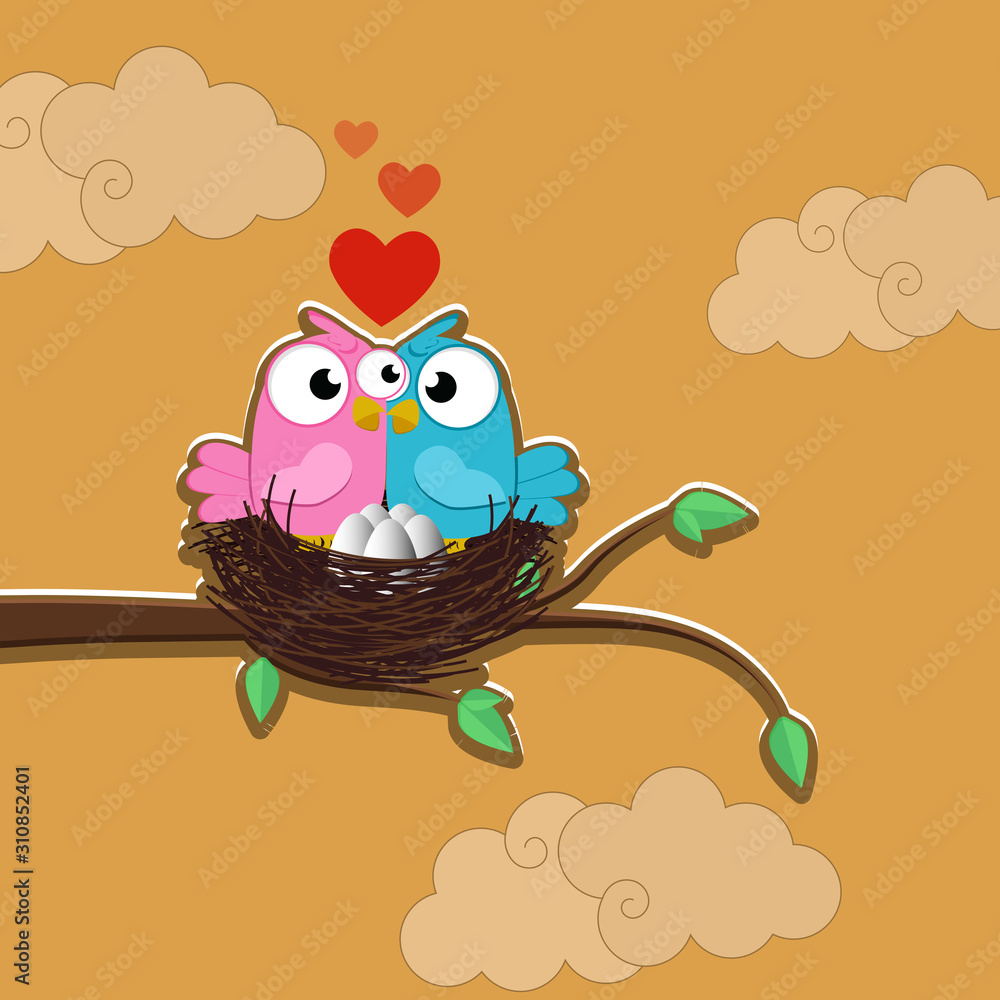 Naklejka premium Creative of love valentines day concept. Love birds couple background. Vector illustration invitation card Valentine's day paper cut style. Valentines wallpaper. Banner. Post