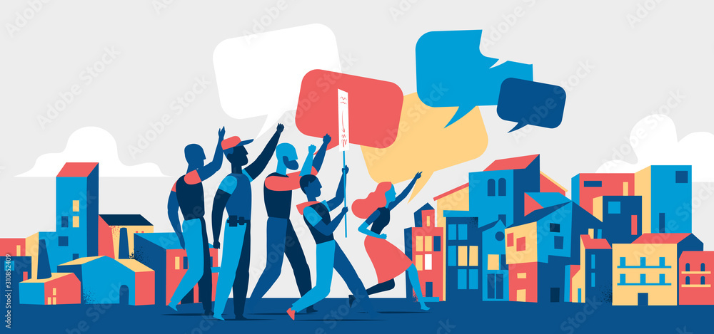 Obraz premium People protesting on demostration or picket in the city streets. Youth crowd against violence, pollution, discrimination, human rights violation. Blank speech bubbles - Vector illustration