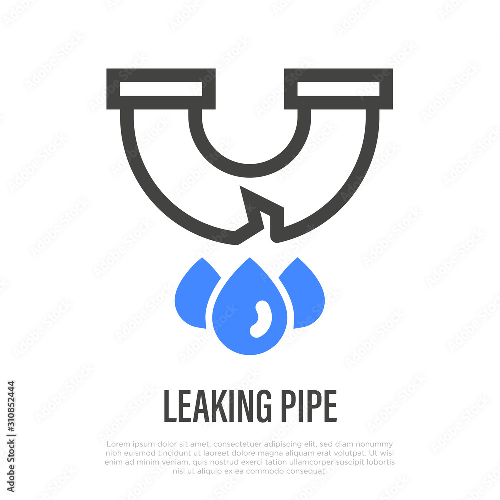 Leaking pipe thin line icon. Logo for plumbing service. Vector illustration.
