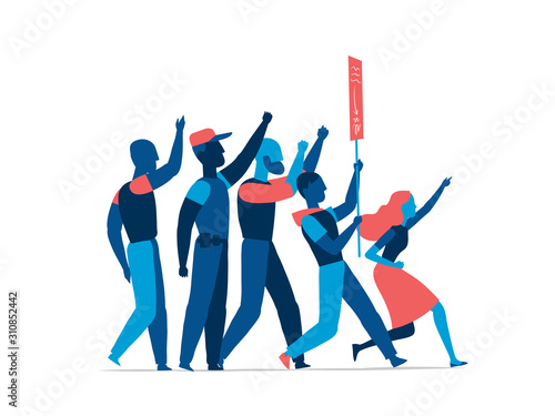 People holding signs on protest demostration or picket. Youth crowd against violence, pollution, discrimination, human rights violation - Vector illustration photo