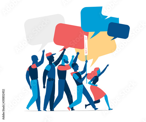 People holding signs on protest demostration or picket. Youth crowd against violence, pollution, discrimination, human rights violation - Vector illustration photo