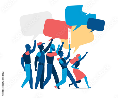 People holding signs on protest demostration or picket. Youth crowd against violence, pollution, discrimination, human rights violation - Vector illustration