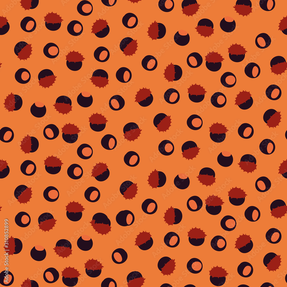 A seamless vector autumn pattern with bukeye nuts on a orange background. Surface print design. A seamless vector autumn pattern with bukeye nuts on a orange background. Surface print design.