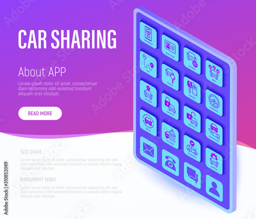 Car sharing web page template. Mobile app on smartphone, driver license, toute, key, car inspection, route, open and close car, sync thin line icons. Vector illustration.