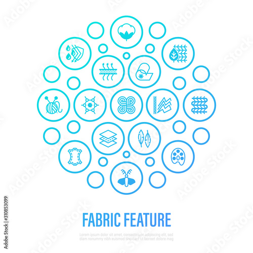 Fabric feature concept. Thin line icons in circle shape: wool, synthetic, silk, antistatic, waterproof, leather, feather filler, eco-friendly, breatheable material. Vector illustration.