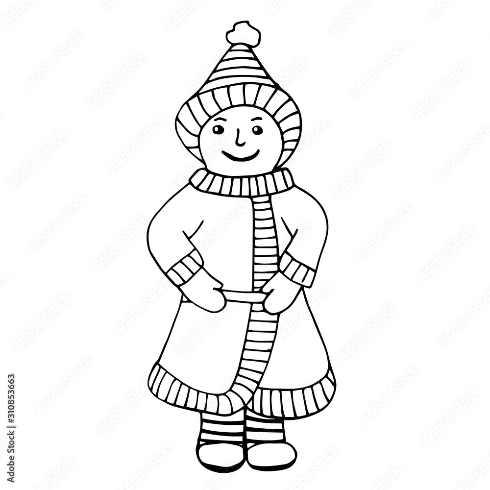 Hand drawn decorative little boy in winter clothes isolated on white. Vector cute illustration for cards, design, fabric, textile, coloring.