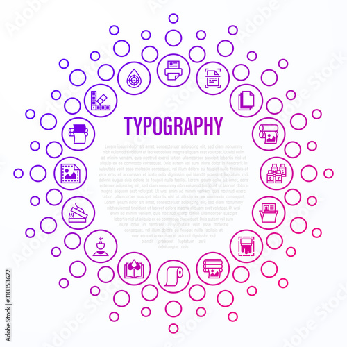 Typography, polygraphy concept in circle shape. Thin line icons: printing, scanning, flexography, offset, roll paper, color palette, lamination, heat transfer printing, embossing. Vector illustration.