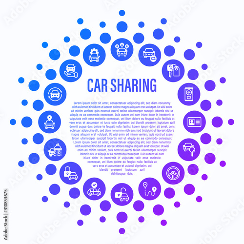 Car sharing concept in circle shape. Mobile app on smartphone, driver license, toute, key, car inspection, route, open and close car, sync thin line icons. Vector illustration.