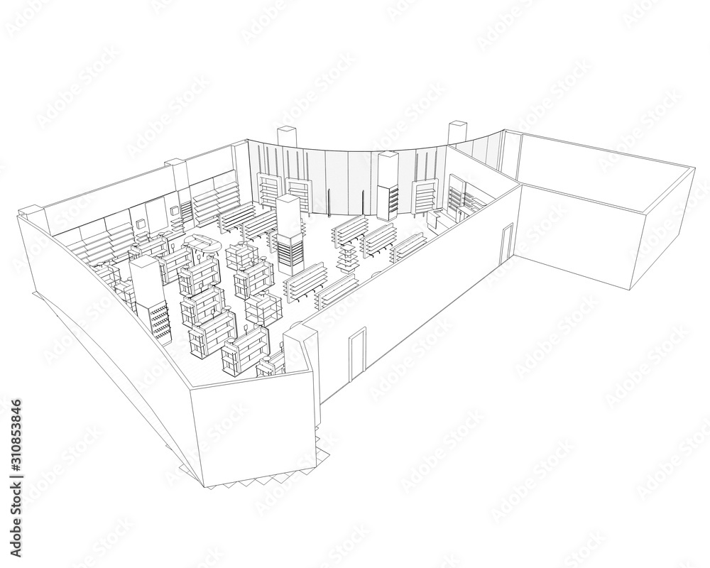 shopping mall, contour visualization, 3D illustration, sketch, outline