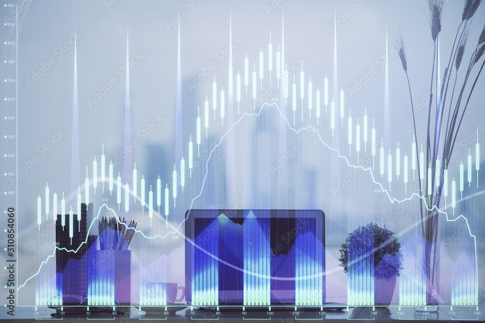 Stock market graph on background with desk and personal computer. Double exposure. Concept of financial analysis. Stock market graph on background with desk and personal computer. Double exposure. Concept of financial analysis.