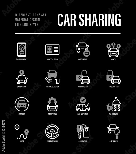 Car sharing set. Mobile app on smartphone, driver license, toute, key, car inspection, route, open and close car, sync thin line icons. Vector illustration.