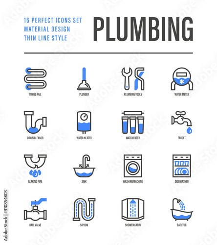 Plumbing thin line icons set. Water meter, bathtub, sink, water filter, faucet, washing machine, dishwasher, siphon, shower cabin, pipe, ball valve. Vector illustration.