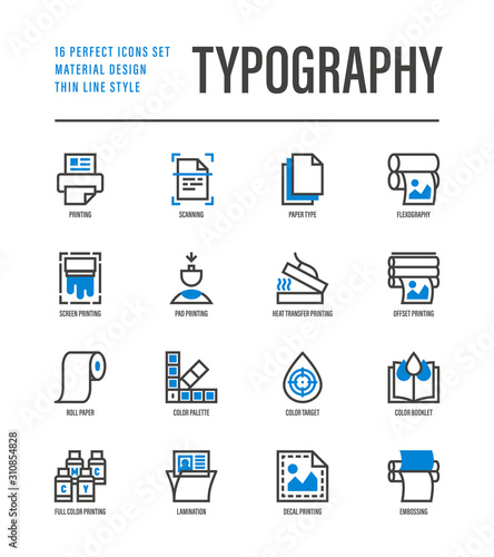 Plakat Typography, polygraphy thin line icons set. Printing, scanning, flexography, offset, roll paper, color palette, lamination, heat transfer printing, embossing. Vector illustration.