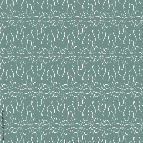 A seamless vector pattern with organic white linear ornament on a teal background. Subtle decorative surface print design.