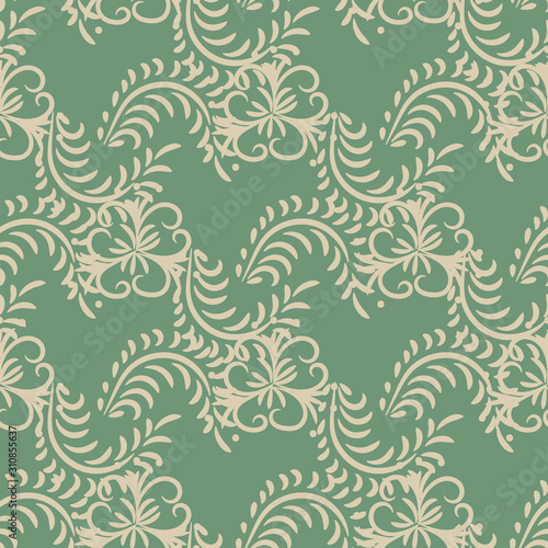 A seamless vector botanical pattern with flowers and leaves on a green background. Surface print design. Great for fabrics, stationery and gift wraps.