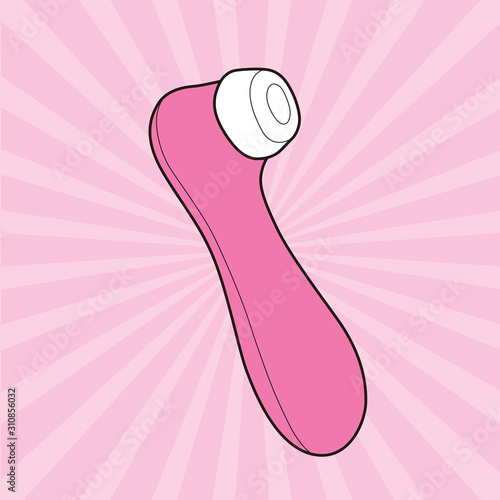 Drawing of the most famous dildo for women. Clitoris sucker with pink flash background.
