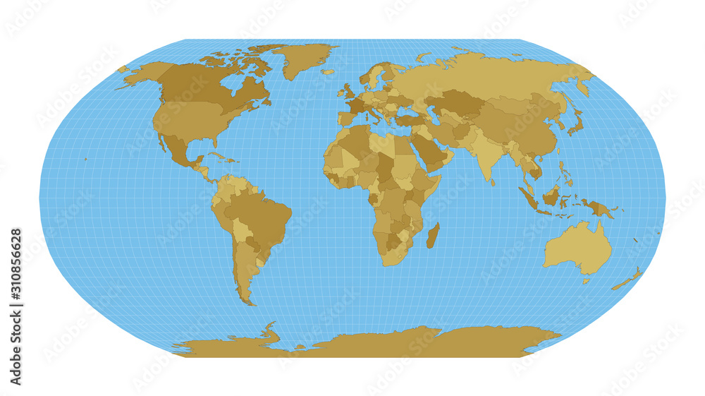 World Map. Robinson projection. Map of the world with meridians on blue background. Vector illustration.