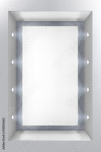 Illuminated shop window with spotlights. Place for the exhibition. White background. Vector illustration.