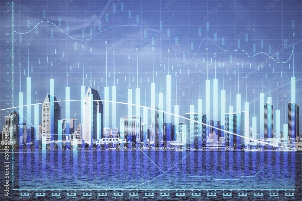 Naklejka premium Forex chart on cityscape with skyscrapers wallpaper multi exposure. Financial research concept.
