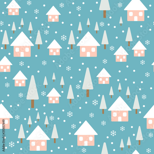 Winter seamless background. Houses, trees and snowflakes
