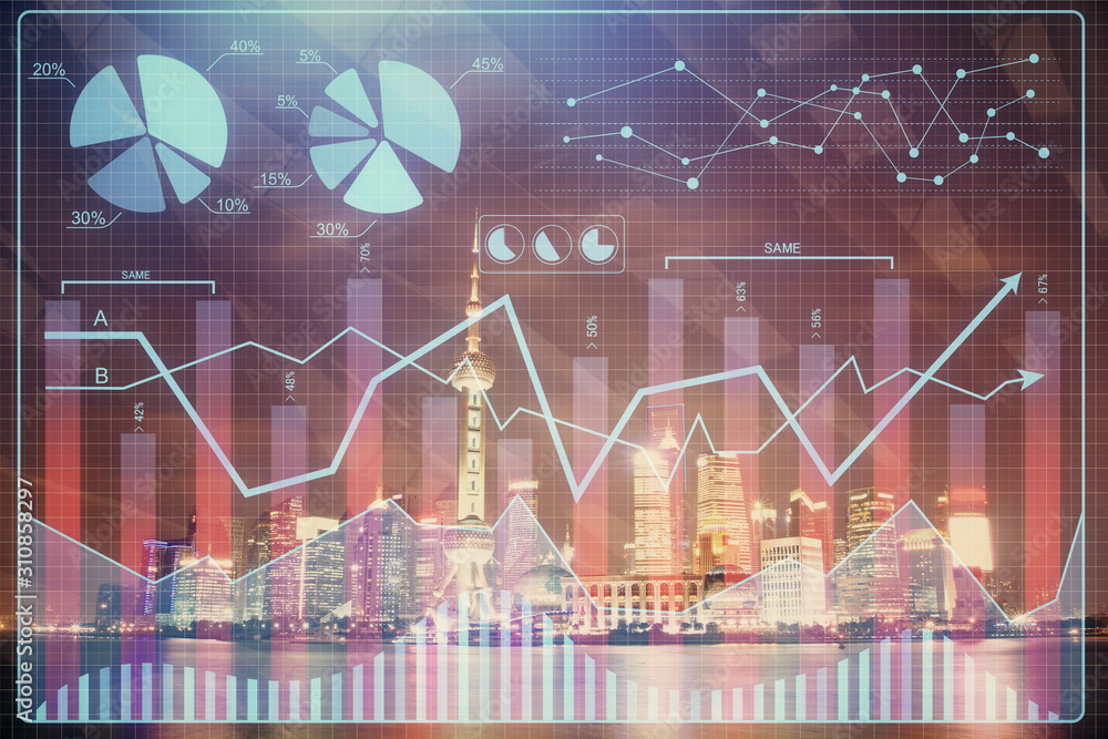 Financial graph on night city scape with tall buildings background multi exposure. Analysis concept. Financial graph on night city scape with tall buildings background multi exposure. Analysis concept.