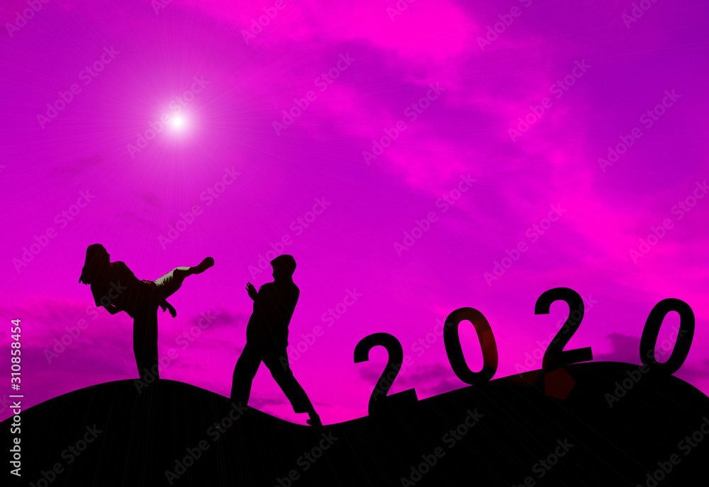 Silhouette Taekwondo kids Fighter,Concept new year's eve and welcome New Year celebration 2020. Silhouette Taekwondo kids Fighter,Concept new year's eve and welcome New Year celebration 2020.