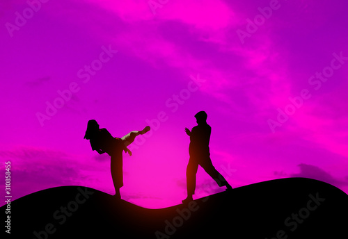 Silhouette fighter taekwondo kids,Concept fight taekwondo in the atmosphere on mountain sunset. © Thipsuda