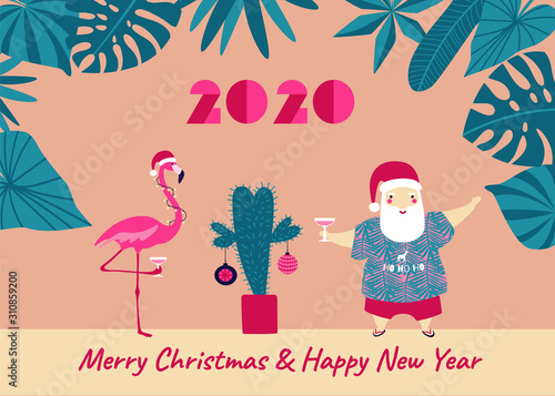 Santa Claus and Pink Flamingo drinking margarita on tropical beach. 2020 Merry Christmas Holidays on Vacation.