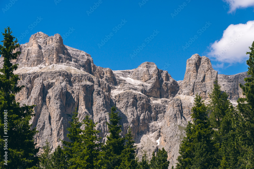 Summer view of Sella Towers and Piz Boè from Passo Pordoi, Canazei, Dolomites, Italy