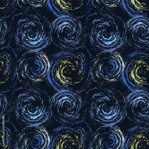 Seamless abstract pattern in the style of Van Gogh. Creative print with impressionistic swirls on dark background. Hand-drawn artistic texture, backdrop. Wonderful Art Wallpapers, fabrics, covers...