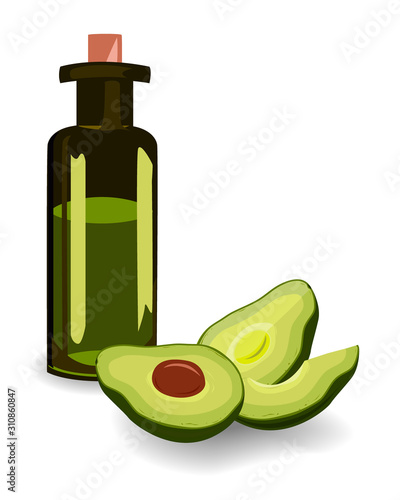 Extra virgin avocado oil and cut in half avocado on white background. Design elements for packaging or cooking. Vector illustration