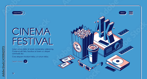Cinema festival isometric landing page, movie time entertainment concept with popcorn, 4K film projector, 3d glasses, tickets and coffee cup on blue background. Vector illustration line art web banner