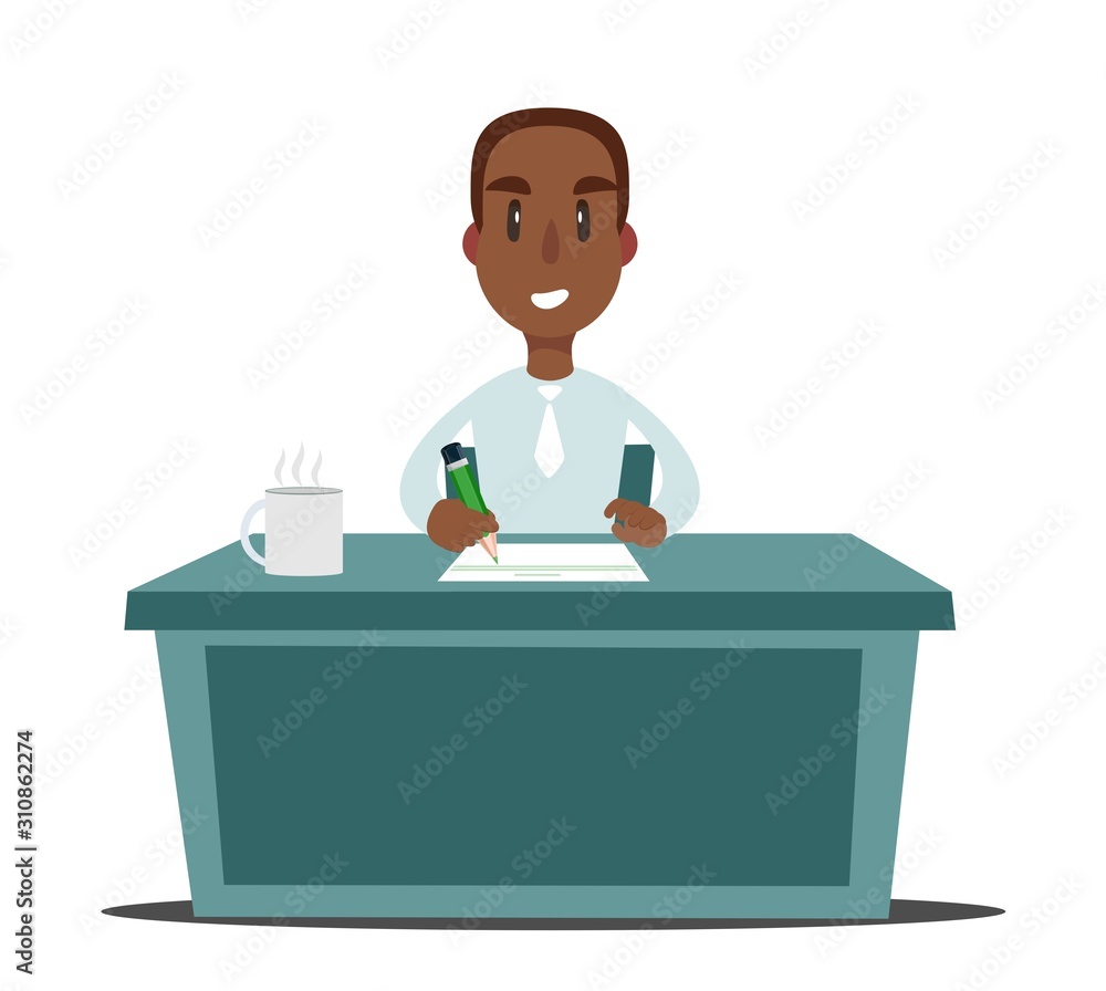 A black african american businessman person or clerk working at a office desk. Flat Vector illustration A black african american businessman person or clerk working at a office desk. Flat Vector illustration