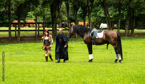 Cavaleiro Medieval cavalgando pelo campo