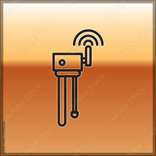 Black line Router and wi-fi signal symbol icon isolated on gold background. Wireless ethernet modem router. Computer technology internet.  Vector Illustration