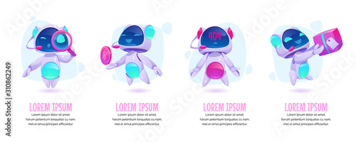 Chat bot banners set. Future marketing innovation, artificial intelligence digital technology, ai robot marketer financial business online consultation, customer support. Cartoon vector illustration