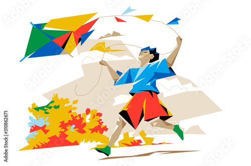 Happy boy running with kite - Vector illustration