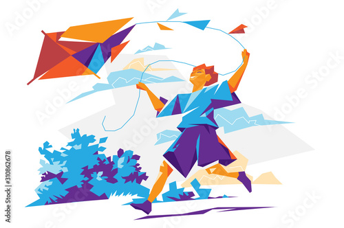 Happy boy running with kite - Vector illustration