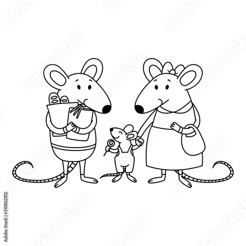 Rat family. Dad holds packages with purchases from the store, mom holds a child by the hand, a little boy with candy. Cartoon animal character vector illustration. Outline for coloring book.