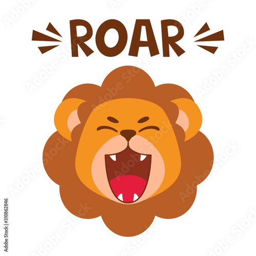 Flat cute lion open mouth roar. Trendy Scandinavian style. Cartoon animal character vector illustration isolated on background. Print for kids apparel  nursery decoration  poster  funny avatars.