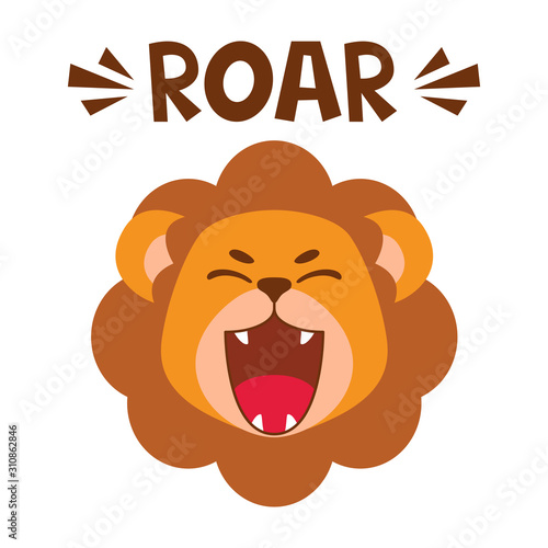 Flat cute lion open mouth roar. Trendy Scandinavian style. Cartoon animal character vector illustration isolated on background. Print for kids apparel, nursery decoration, poster, funny avatars.