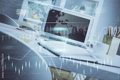 Double exposure of chart and financial info and work space with computer background. Concept of international online trading. © peshkova